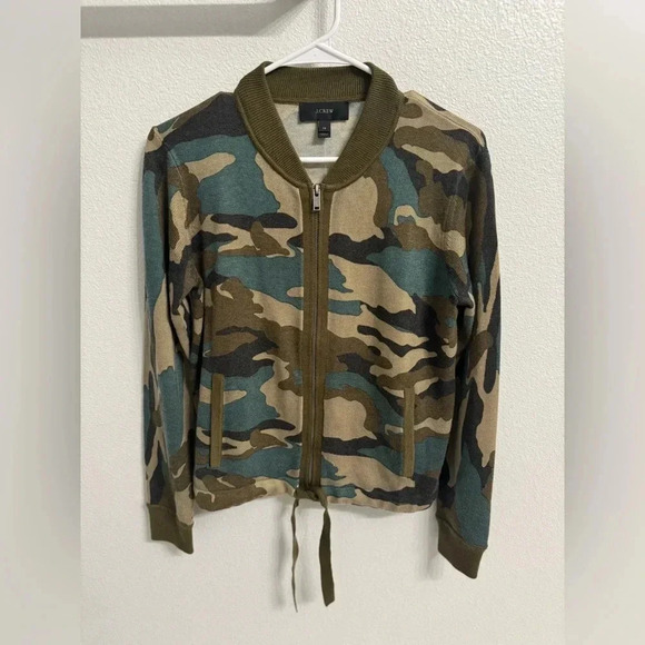 J. Crew Womens XS Green Camo Wool Blend Long Sleeves Full Zip Bomber Jacket NWT - Picture 4 of 9
